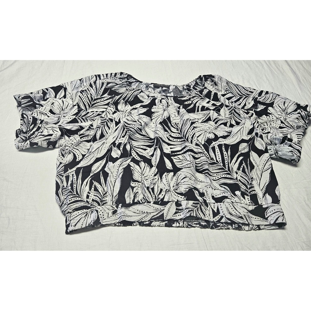 Lane Bryant Blouse‎ Women 24 Black White Tropical Leaf Print Smocked Hem Top